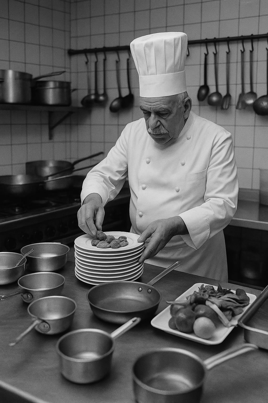 Auguste Escoffier retratado imaginariamente por Henri Cartier-Bresson