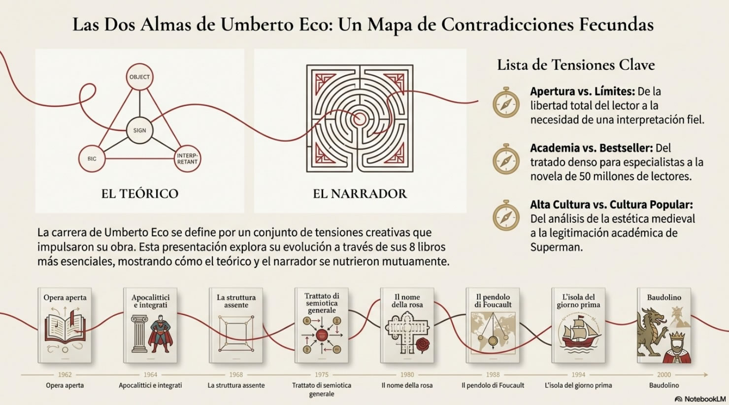 Infografía sobre las 8 obras de Eco para entenderle mejor