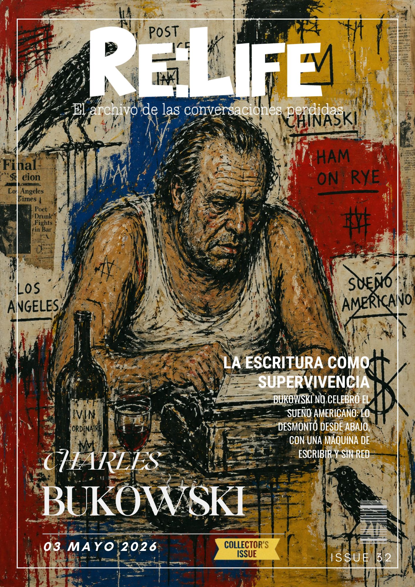 Portada re:life 32 de Charles Bukowski al estilo de Jean Michel Basquiat