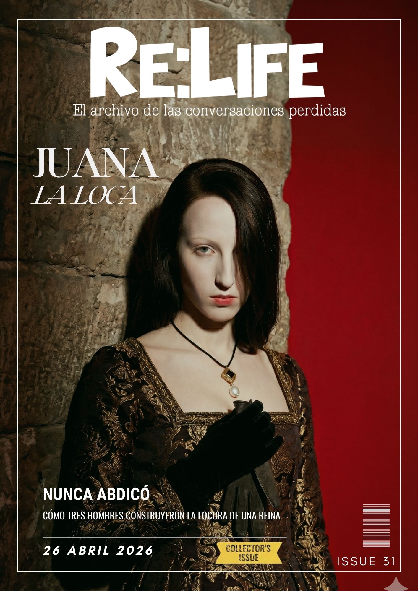 Portada de re:life número 31 dedicada a Juana I de Castilla, Juana la loca en una fotografía al estilo de Guy Bourdin
